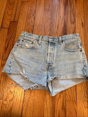 Levi's Light Blue Distressed High-Rise Denim Shorts